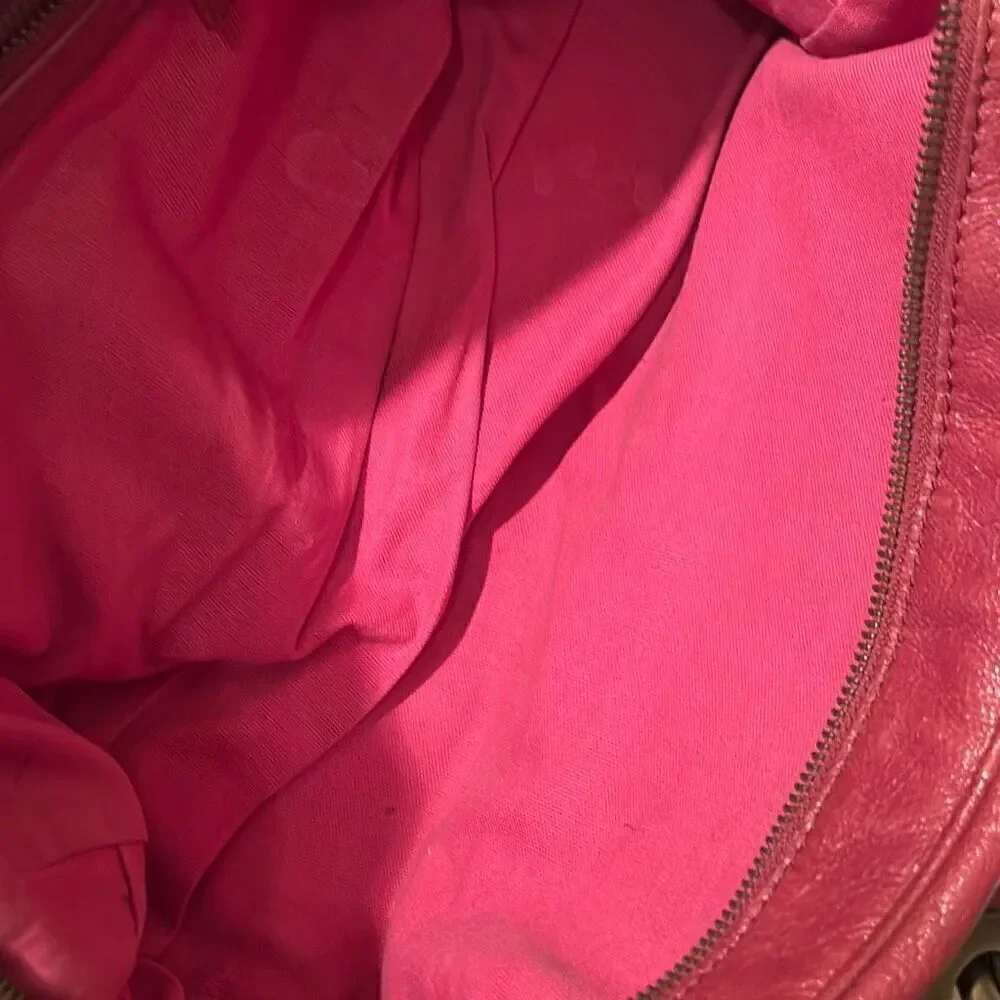 Moschino Top Handle Travel Tote Bag Deep Pinkish Red Leather Gold Hardware